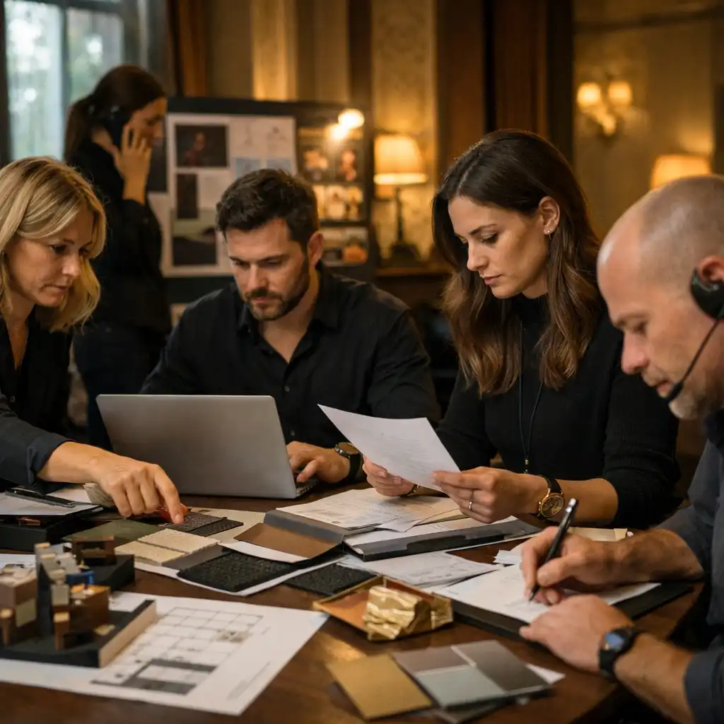 Zespół producentów wydarzeń pracujący przy przygotowaniu ekskluzywnego eventu